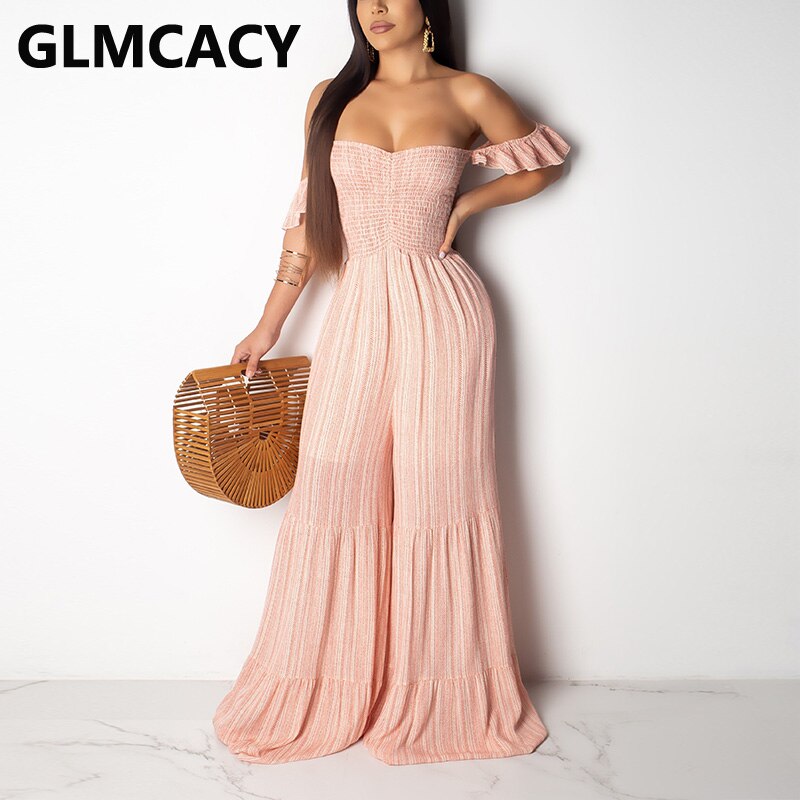 Vrouwen Off Shoulder Franje Zoom Jumpsuits Elegante Wijde Pijpen Losse Overalls Jumpsuits: Roze / L