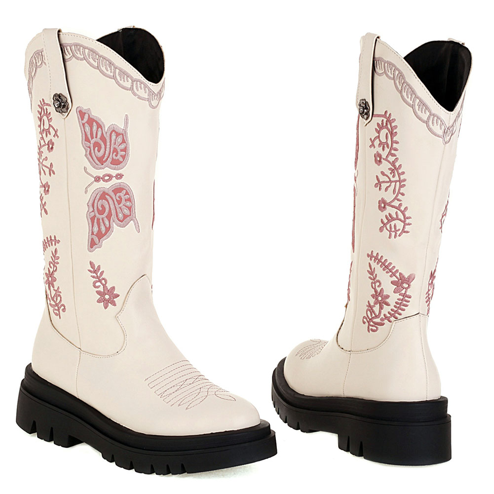 Y2K – bottes occidentales Vintage à talons épais pour femmes, chaussures brodées à plateforme