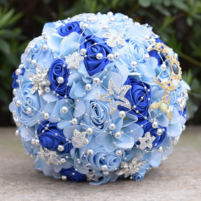 Kyunovia charmant Mond Sterne Brosche Strauß Satinband Braut Hochzeitsstrauß Brautstrauß Perlen Burgund Rosen Hochzeit Strauß FE43: wie Bilder Blau