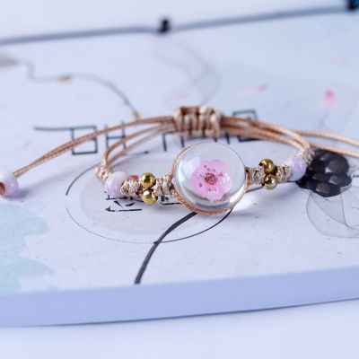 Flor seca romántica japonesa y coreana, cristal transparente, cerámica, cuerda de nailon anudada, pulsera de mujer, símbolo de la feliz: 2