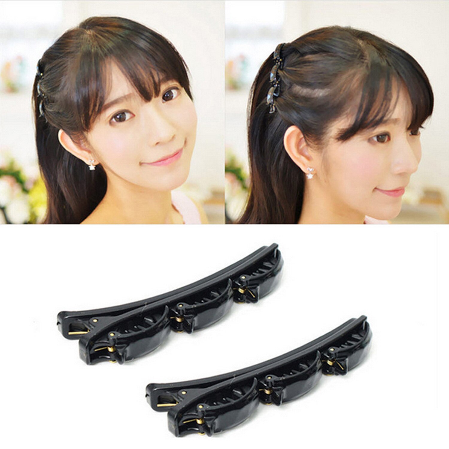 2Stck Doppel Pony Frisur Haarnadel Twist Zopf Haarband Stirnband Haar Band Band + 2Stck Haarspangen für Frauen Mädchen Schwarz
