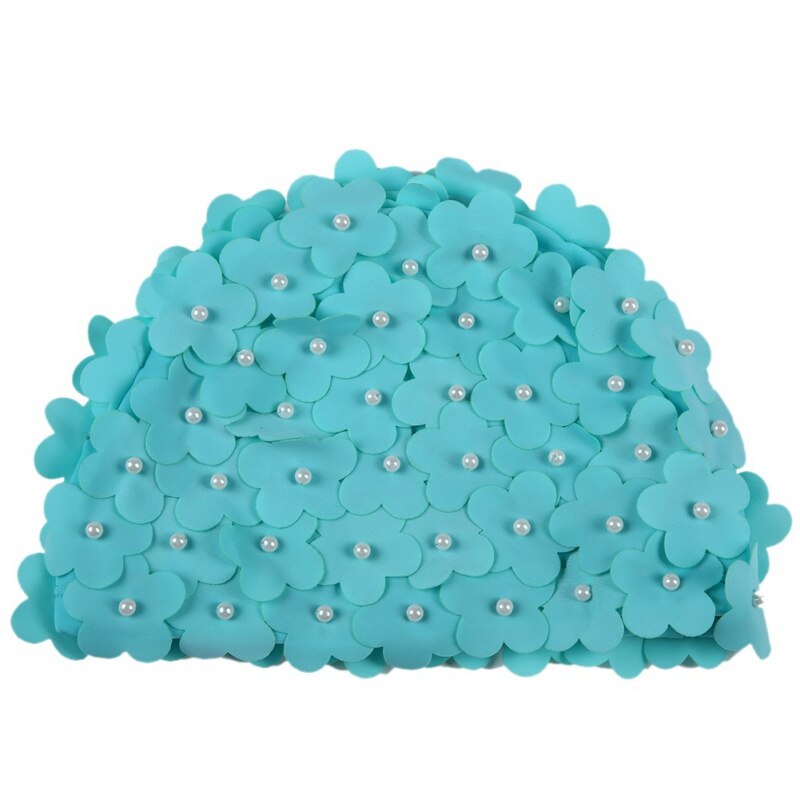 Handgemaakte zwemsportmuts dames parel gestikte bloemen bloemen elastische ademende strandmuts badmuts sportkleding lang haar