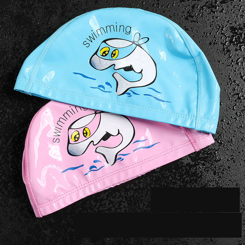 Children's Swimming Cap PU Cartoon Print Boys and Girls Swimming Elastic Hat Swimming Pool Cap Ear Protection Children Cap