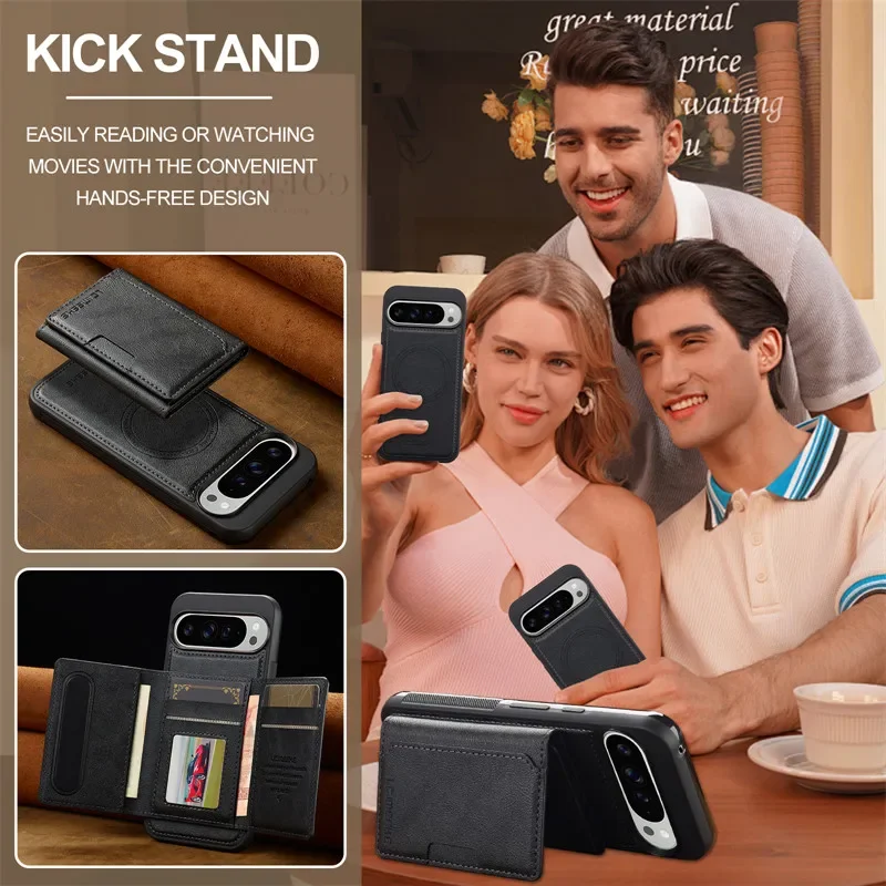 MagSafe Magnetic Flip Leather Phone Case for Google Pixel 9 Pro XL 8 7 8A 7A Detachable Wallet Card Pocket Back Cover Cpque Etui