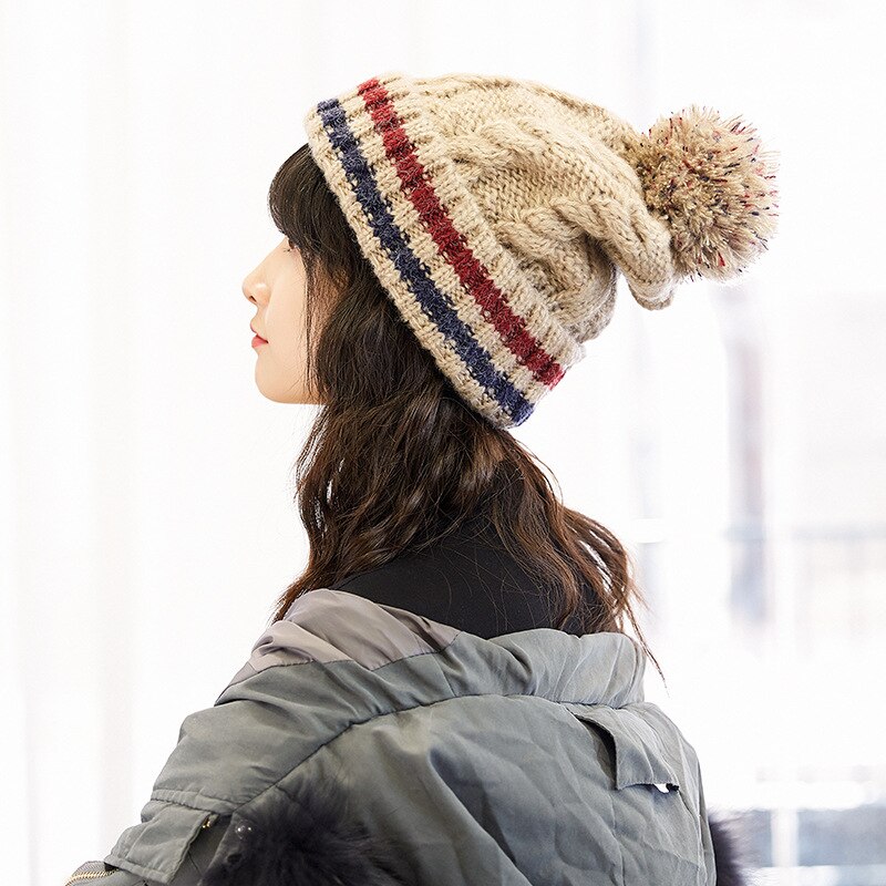 Winter warm Korean Hats for women striped woolen hat thickening plus pompon ball cap outdoor hemp pattern knitted hat