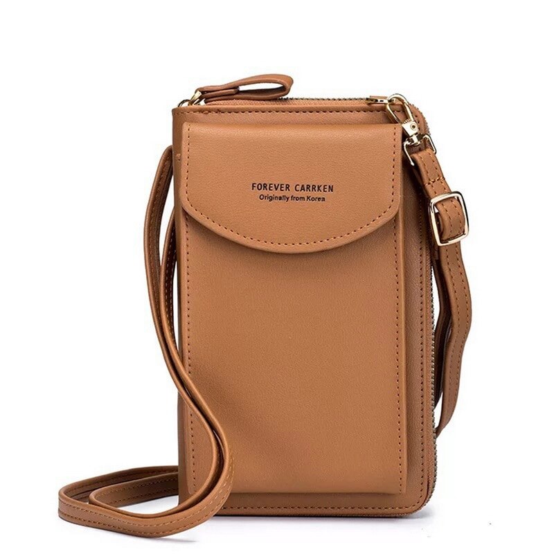 Women PU Leather Shoulder Bag Strap Purses Solid Color Mobile Phone Big Card Holders Wallet Handbag Pockets For Girls: brown