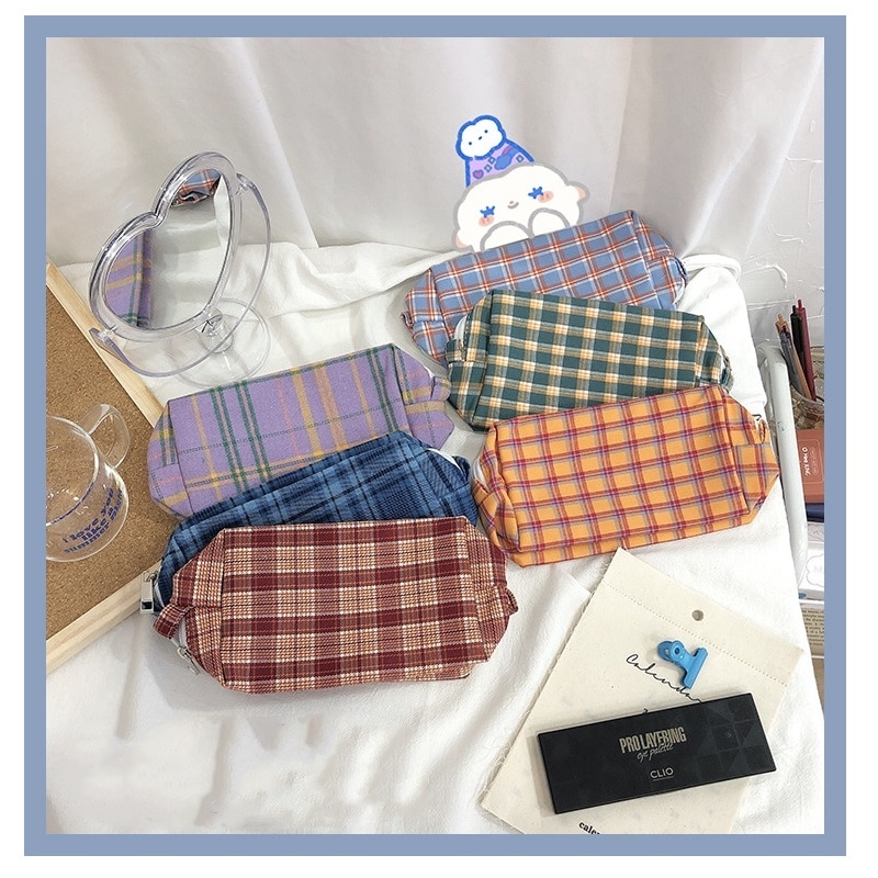 Trousse pour crayons à motifs vintage, pochettes pliable en tissu à carreaux, pour ranger les couleurs, accessoire de rangement pour l'école, les voyages, le maquillage, F136