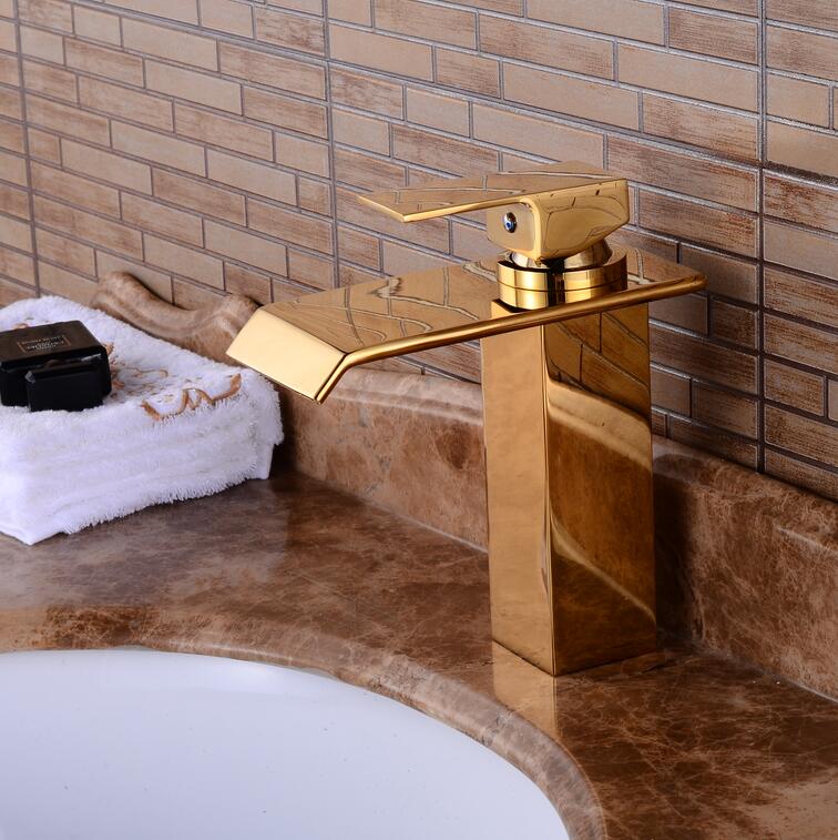 waterval brede uitloop golden Stijl Messing Kraan Enkele Handgreep Warm en Koud mengkraan Water tap 9962: Default Title