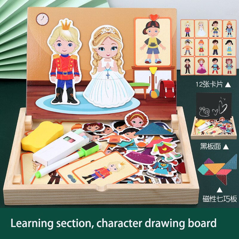 Børns karakterer klæder sig op magnetisk dobbeltsidet puslespil 3-6 år gammel læringshjælpemidler tegnebord graffiti: Tegn tegning