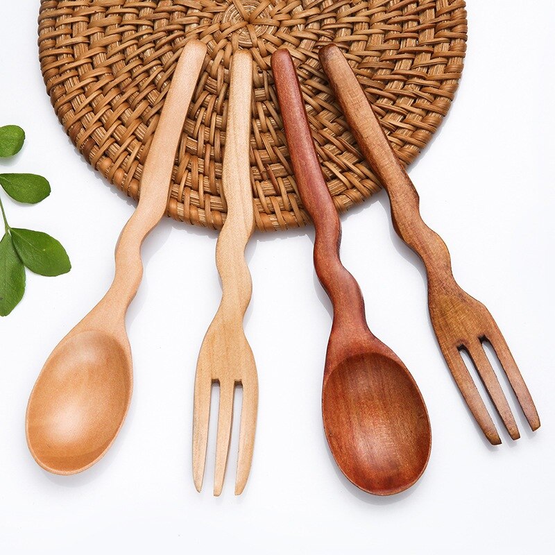 Natural Wood Spoon Fork Kitchen Cooking Dining Soup Tea Honey Coffee Utensil Tools Soup-Teaspoon Tableware