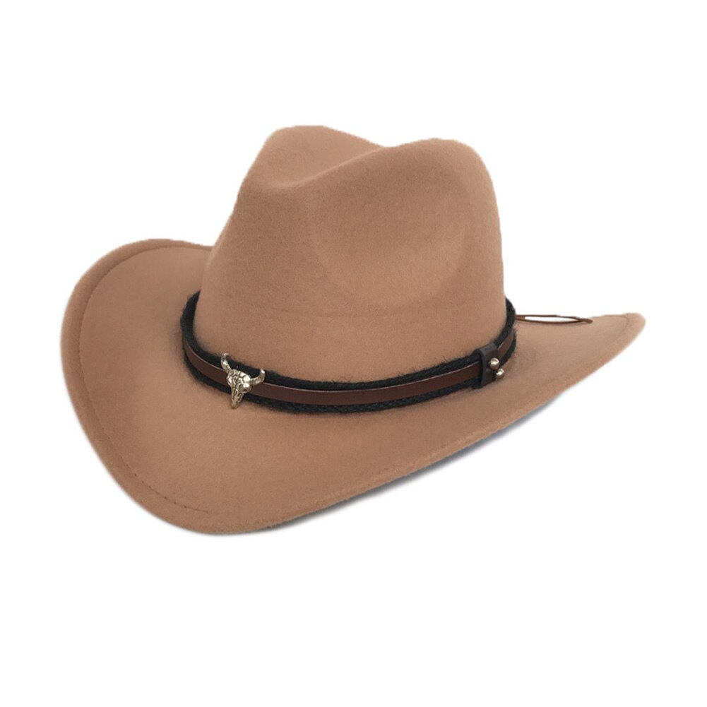 Oksehoved unisex western cowboy uldhue bred fodrand cap med rem: Khaki