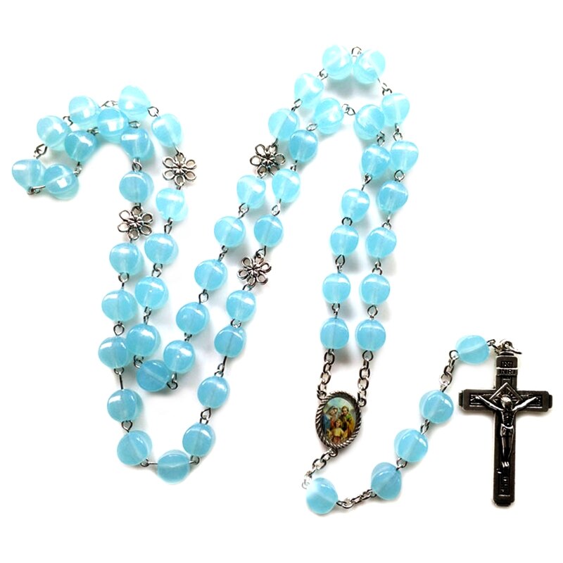 Retro rosenkrans pärlor halsband för kvinnor kors jesus hänge religiösa kristna smycken berlock: Ljusblå