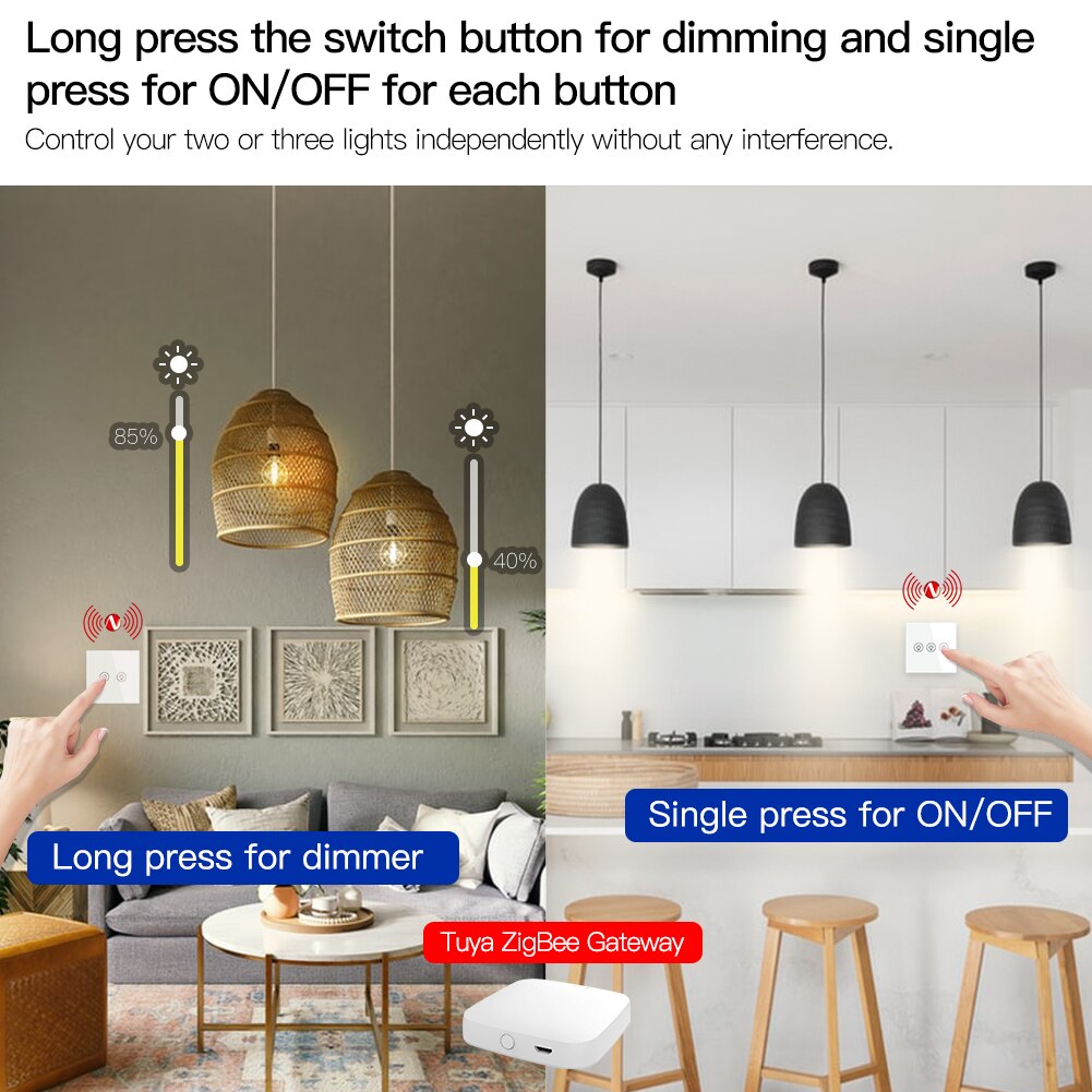 ZigBee – interrupteur variateur de lumière intelligent multi-gangs, contrôle indépendant, application Tuya, fonctionne avec Alexa Google Home, 1/2/3 gangs