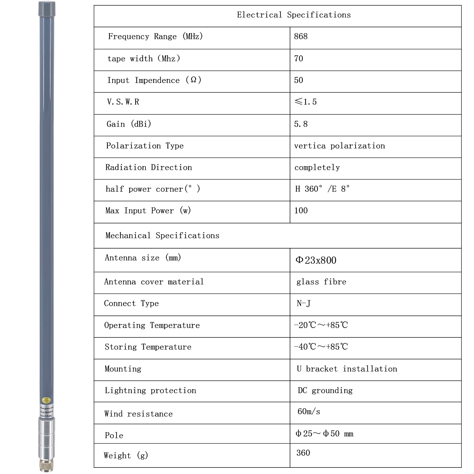 868MHz LoRa Antenna 5.8dBi Outdoor Fiberglass Aerial Omni-Directional Antenna FRP Antenna with N-type Male plug