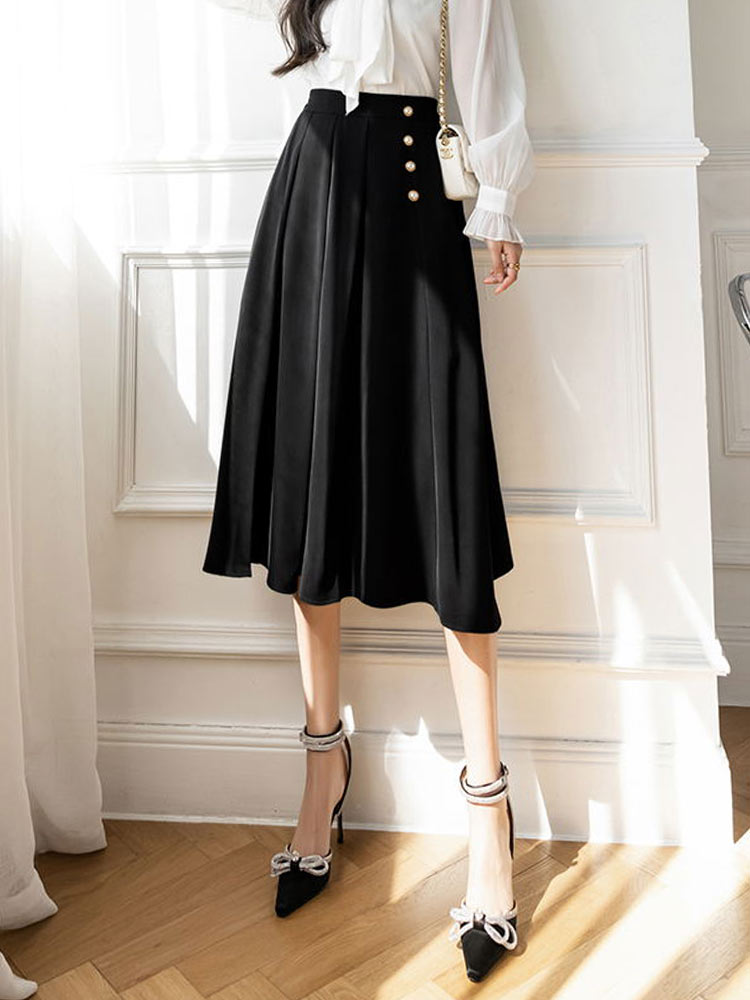 2022 Vrouwen Rok Vintage Knop Stijlvolle Casual Straat Ol Office Dames Midi Geplooide A-lijn Pak Rokken Elegante Faldas