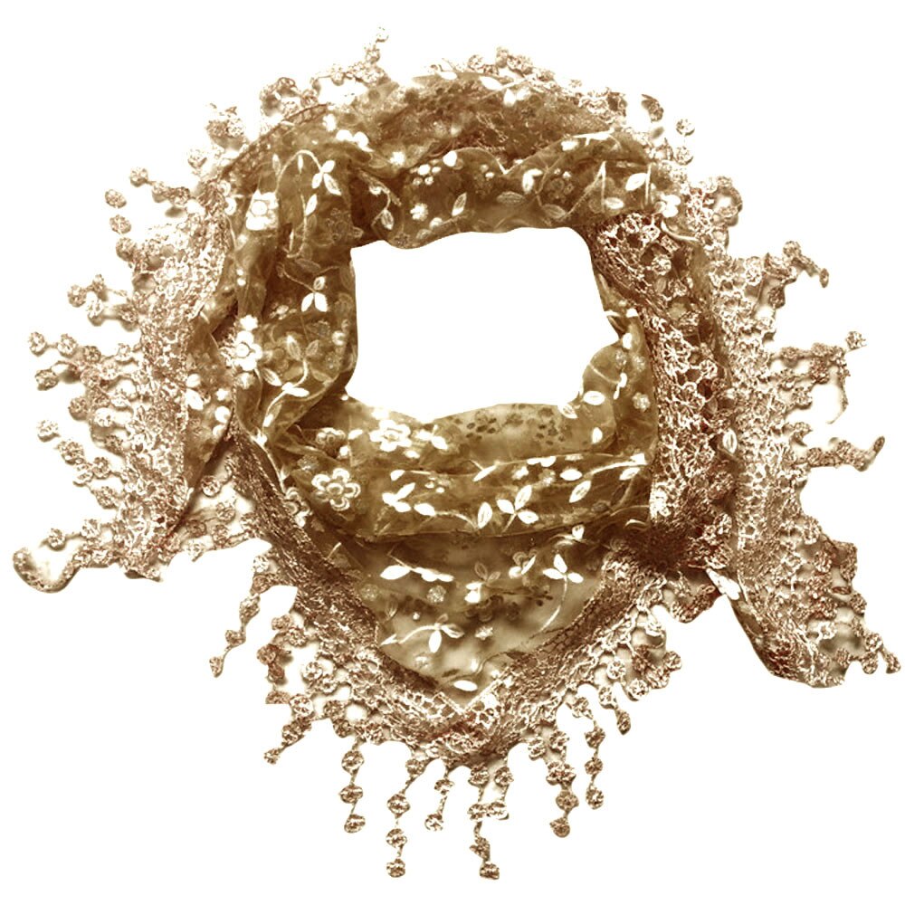 Triangle Women Scarf Lace Floral Summer Beach Tassel Scarves Chiffon Silk Wrap Pashmina Stole Foulard 9M15: Coffee 