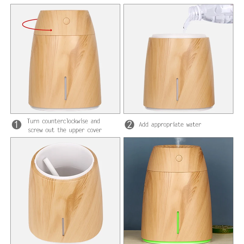 600 ml Holzmaserung Luftbefeuchter USB Aroma Diffusor Zerstäuber USB Haushalt Luftbefeuchter Feuchtigkeitsspendende Instrument Desktop Luftbefeuchter
