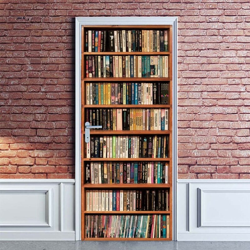 3D Door Sticker Bookshelf Bookcase Wallpaper Self Adhesive Wall Mural 87HA