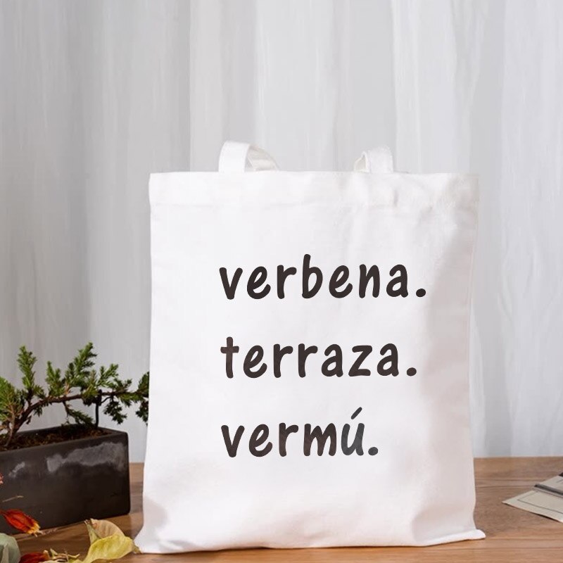Borsa Shopper estetica spagnola borsa Shopper in tela estiva da donna borsa da spiaggia grande per donna con stampa lettere bianche nere: Navy Blu