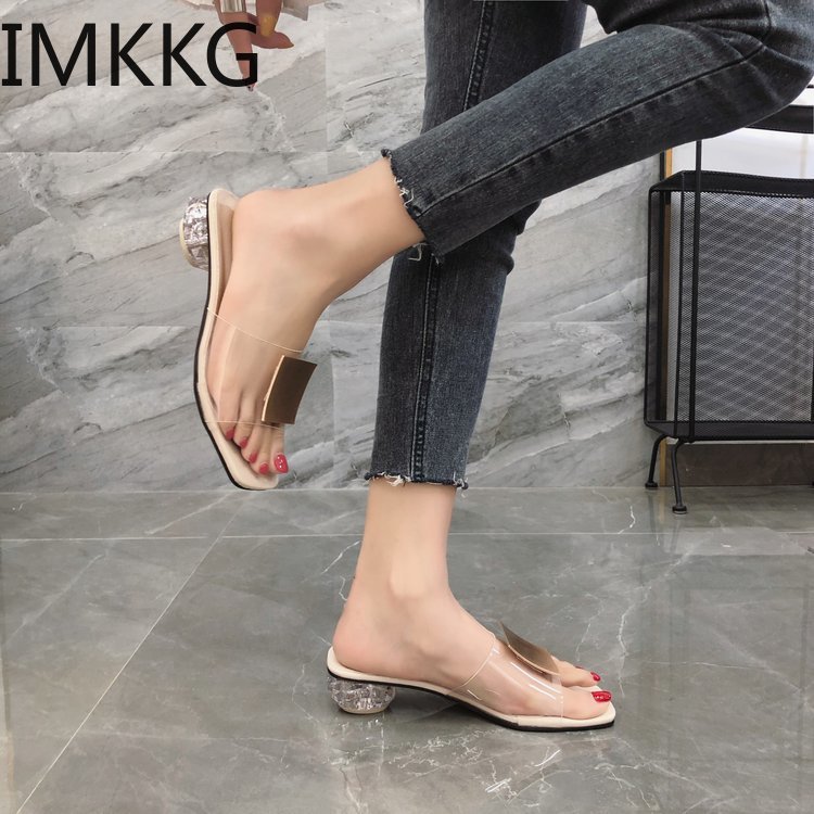 Mules en pvc pour femmes, pantoufles d'été, chaussures pour femmes, boucle en métal, transparentes, talons bas, diapositives de de personnalité