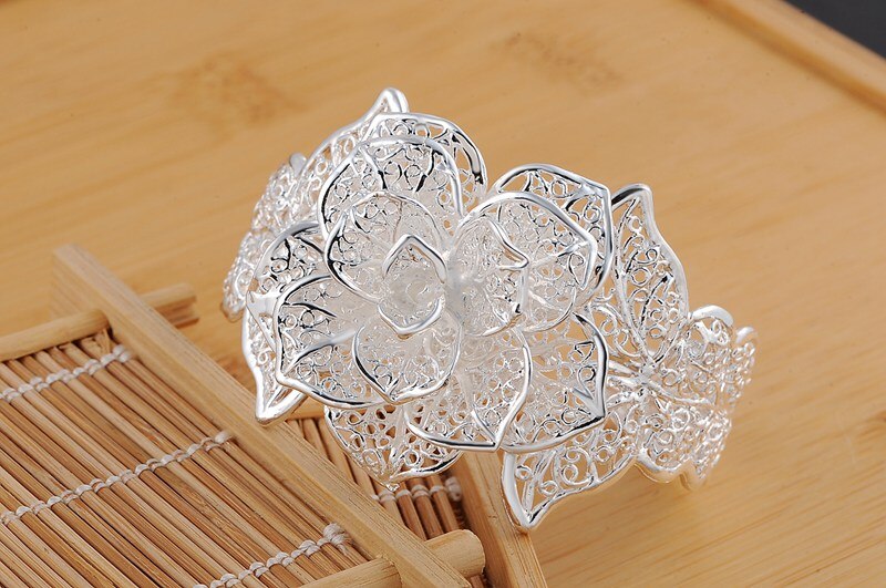 925 Sterling Zilver Fijne Grote Bloem Brede Bangle Armbanden Voor Vrouwen Verstelbare Sieraden Wedding Party