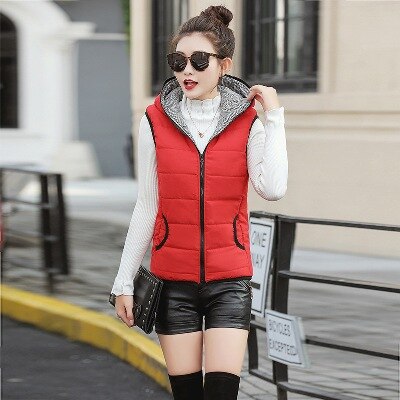 Automne Hiver Femmes Gilet Coton À Capuche décontracté Mince Gilet Sans Manches Femme Veste: Rouge / M
