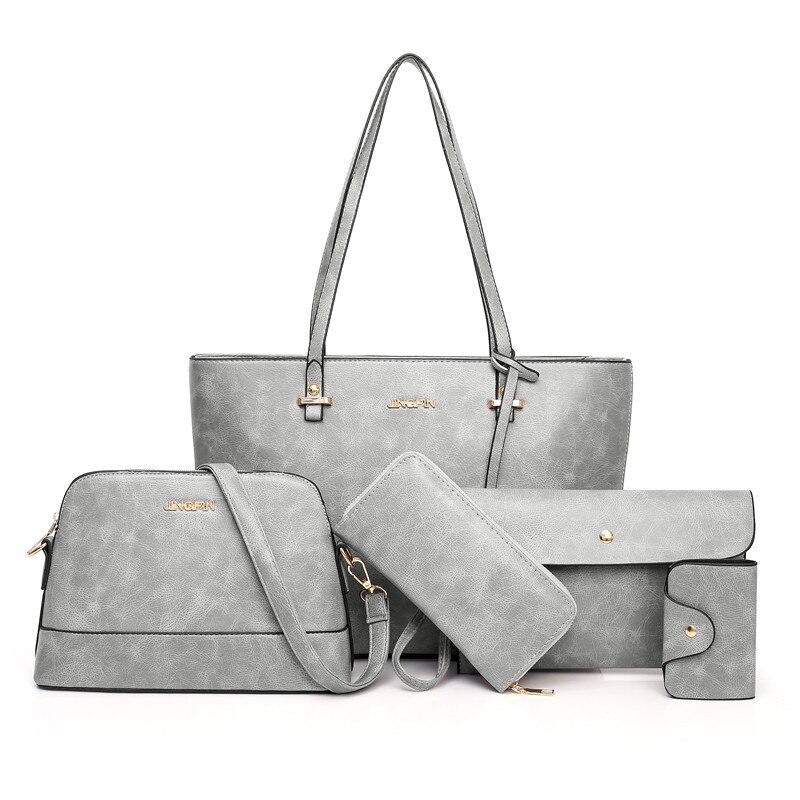 Gaohe style women's bag Retro Leather bag five piece set European and American Portable shoulder bag one piece: Light Gray