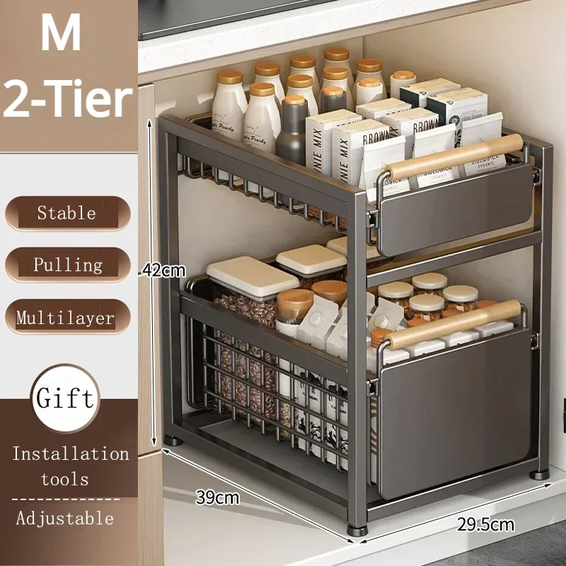 Keuken Opbergrek Schuifkast Organizer Uittrekbare Onder Gootsteen Rek Onder Gootsteen Organizer 2-Tier Badkamer Aanrecht Plank: Chocolade