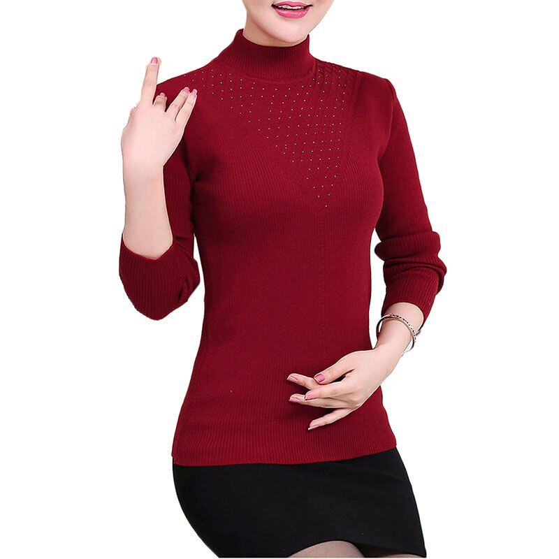 Middle-aged Women Sweater Spring Autumn Half High collar Wild Bottoming Shirt Women's Casual Hedging One Size Sweater Coat A383: Red wine