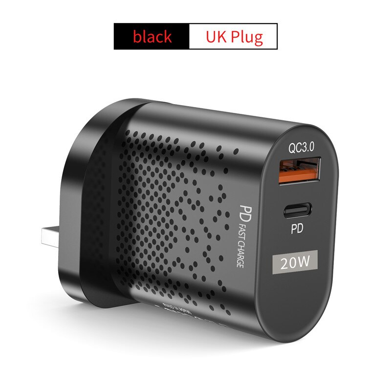 Uslion pd 20w carregador usb ue eua uk plug 3a qc 3.0 carga carregador de telefone para iphone 12 11 samsung huawei carregador de parede rápido: Black UK