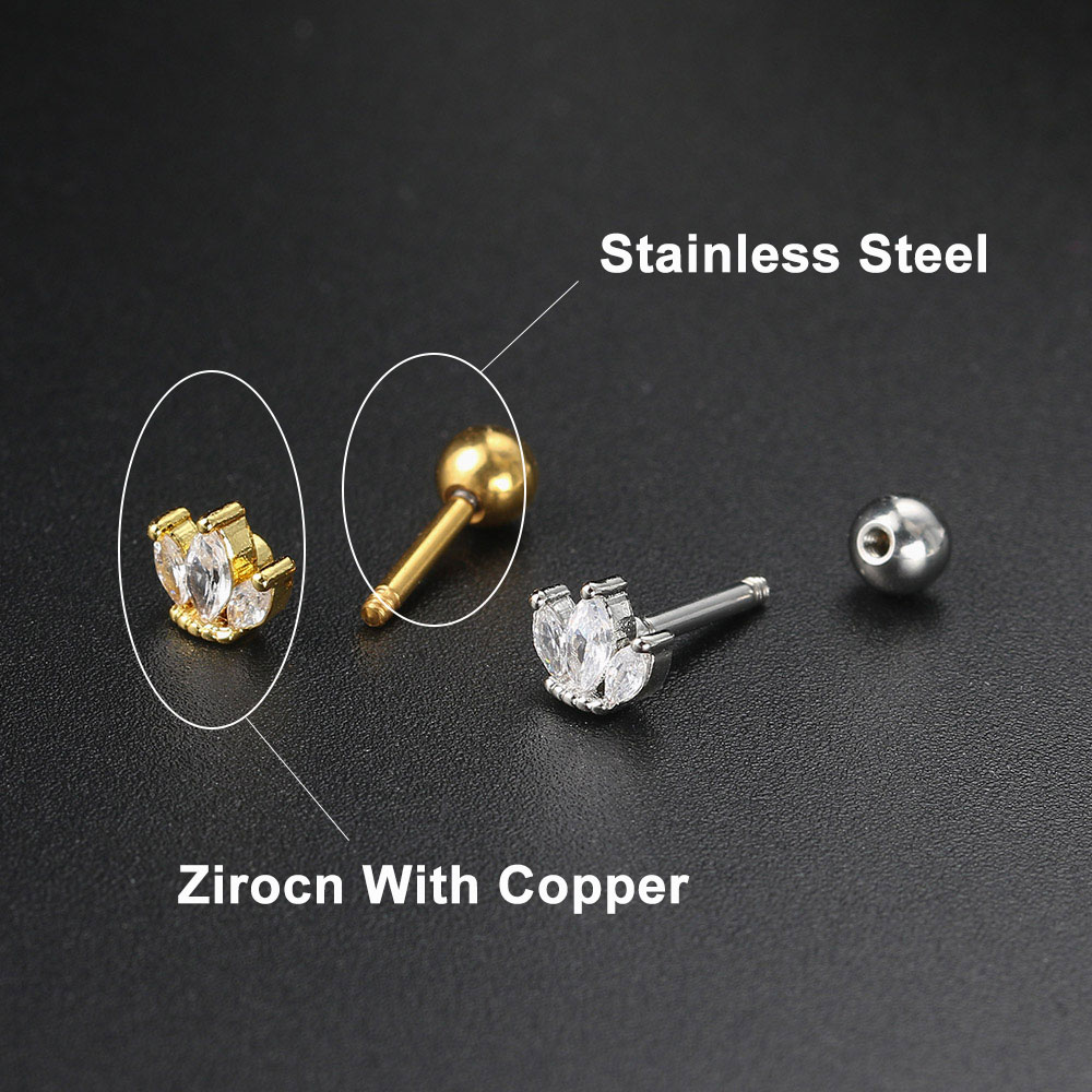 Piercing de oreja de circonita para mujer, pendientes de tuerca de acero inoxidable, Luna, flor, cartílago, hélice, Tragus, Rook, joyería plana, 1 ud.