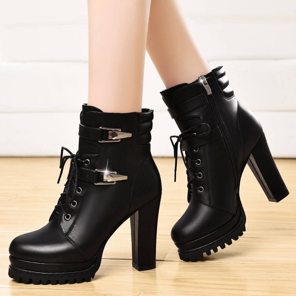 Mujer de tacón alto botas Casual suela gruesa-Correa botas de motocicleta nueva primavera botines de otoño zapatos de botas de cuero