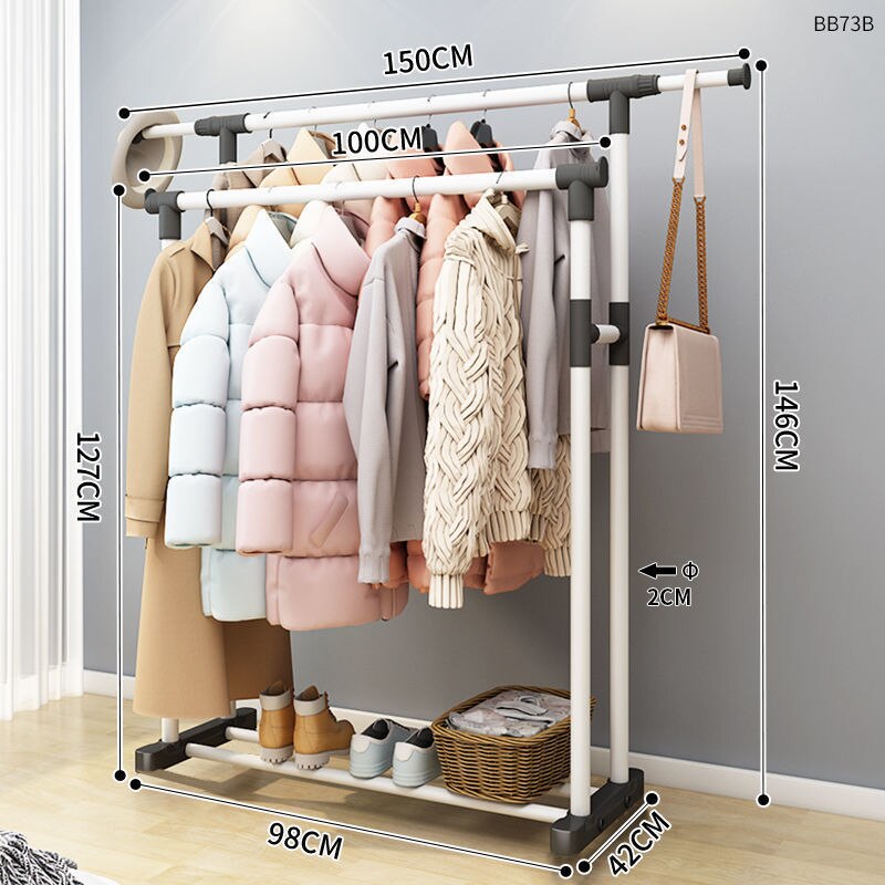 Clothes Rack Bold Single Rod Balcony Drying Rack Coat Rack Clothes Organizer: L150cm white double