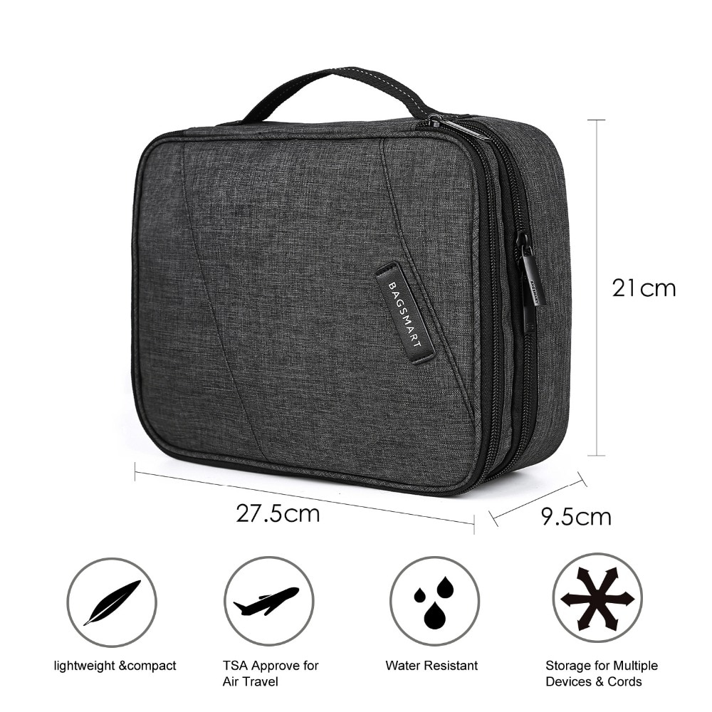 Arae Waterdichte reiskabeltas, grote capaciteit, schokbestendig, dubbellaags, draagbare organizer voor elektronische accessoires, compact, voor tech gadgets, Blauw, S