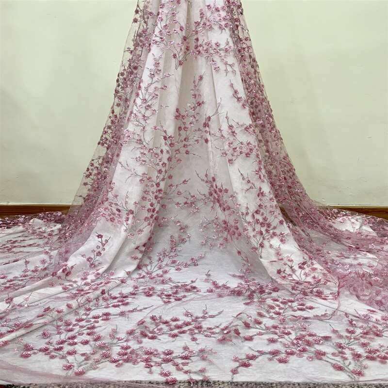Roze Afrikaanse 3D Bloem Pailletten Kant Stof Nigeriaanse Wedding Tulle Lace Stof Voor Afrikaanse Vrouwen Bridal