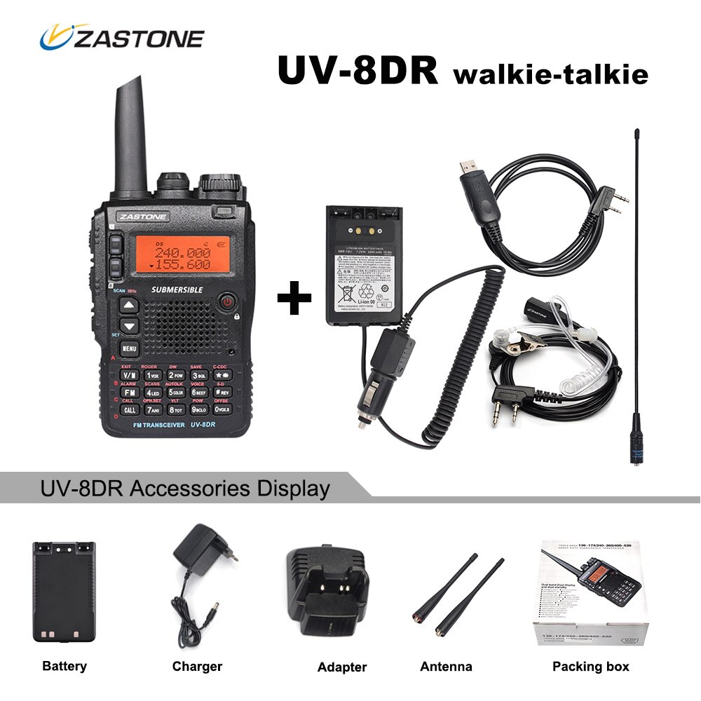 Walkie-talkie Zastone UV-8DR VHF/UHF 136-174MHz 240-260MHz 400-520MHz 128-MHz, Radio bidirectionnelle à trois bandes CH UV8DR