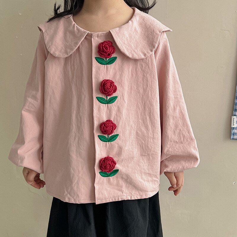 Primavera nuovo francese tridimensionale fiore rosa abiti a maniche lunghe camicie per ragazze dolce colletto per bambole camicie per bambini top: CZ1885 Pink / 5T