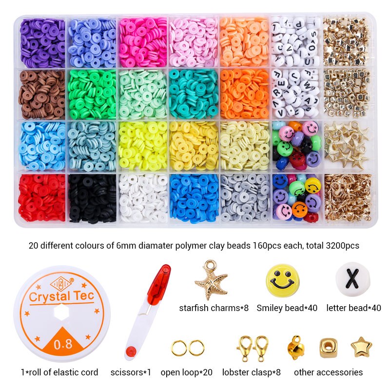 15Slots 6mm Flache Polymer Clay Perlen DIY Schmuck Kennzeichnung Perlen Set Mit Anhänger Charms Für DIY Schmuck Machen armbänder Halskette: 28slots