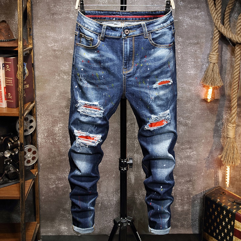 Spring Men's Blue Ripped Jeans Color Splash Ink Denim Trousers Motorcycle Punk Red Patchwork Jeans Streetwear