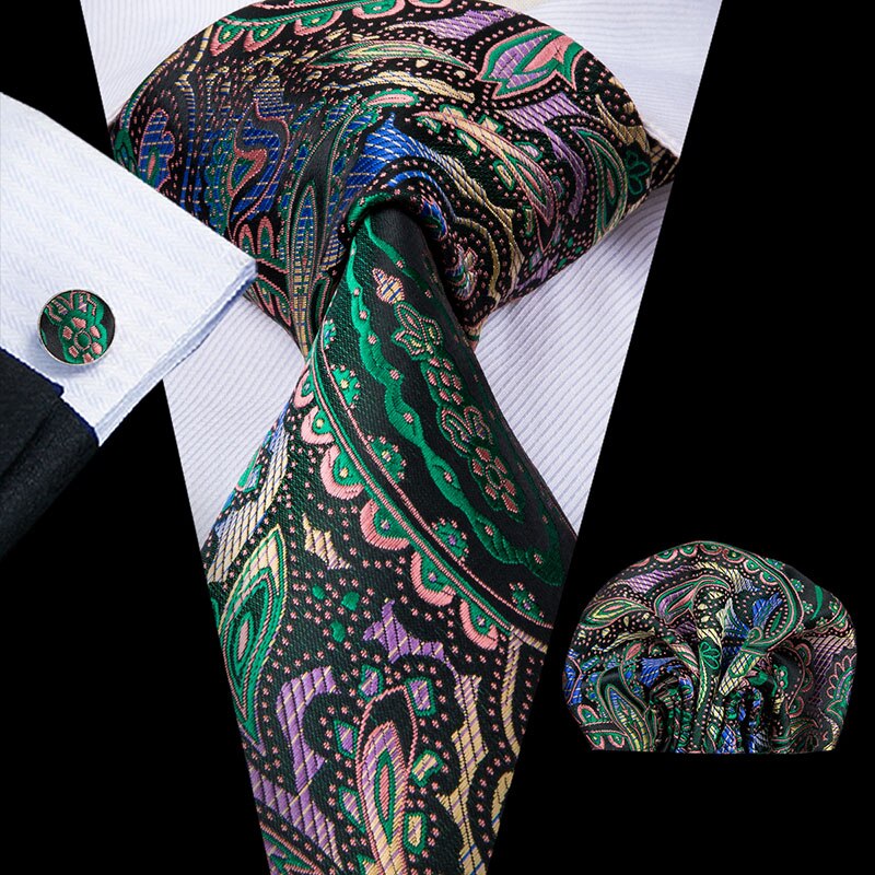 Hi-Tie Christmas 100% Silk Ties For Men Hanky Cufflinks Set 20 Styles Men's Tie Floral Green Plaid Gravatas Party Large Necktie: C-3019