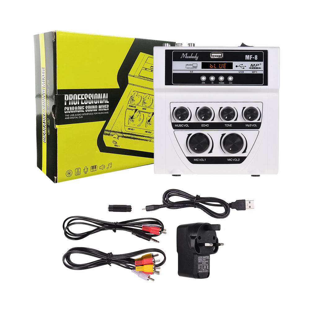Muslady MF-8 Mini Karaoke Sound Mixer Stereo Echo Mixers Dual Microphone Inputs Support BT Recording MP3 for PC Amplifier: White-UK
