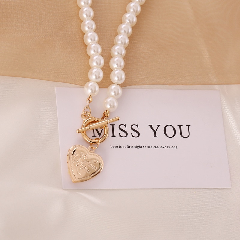 Jewelry Imitation Pearls Ladies Choker Necklace Female Gold Color Heart Pendant Necklaces for Women