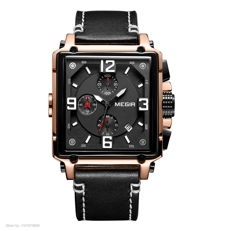 Megir herre firkantede quartz armbåndsur ur militær sports casual kronograf stopur læder relogios maskuline 2061 brun: Bronze
