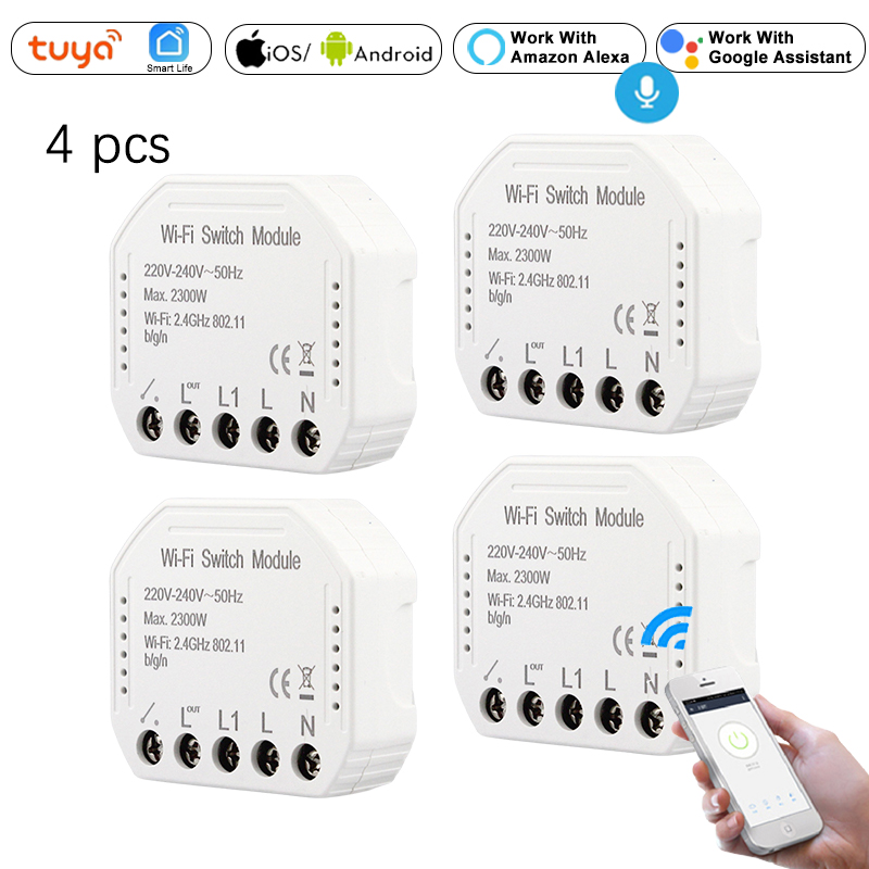 DIY WiFi Smart Light Switch Breaker Module, Smart Life Tuya APP Remote 1/2 Way Control Wall Switch, Alexa Echo Google Home: 4PCS