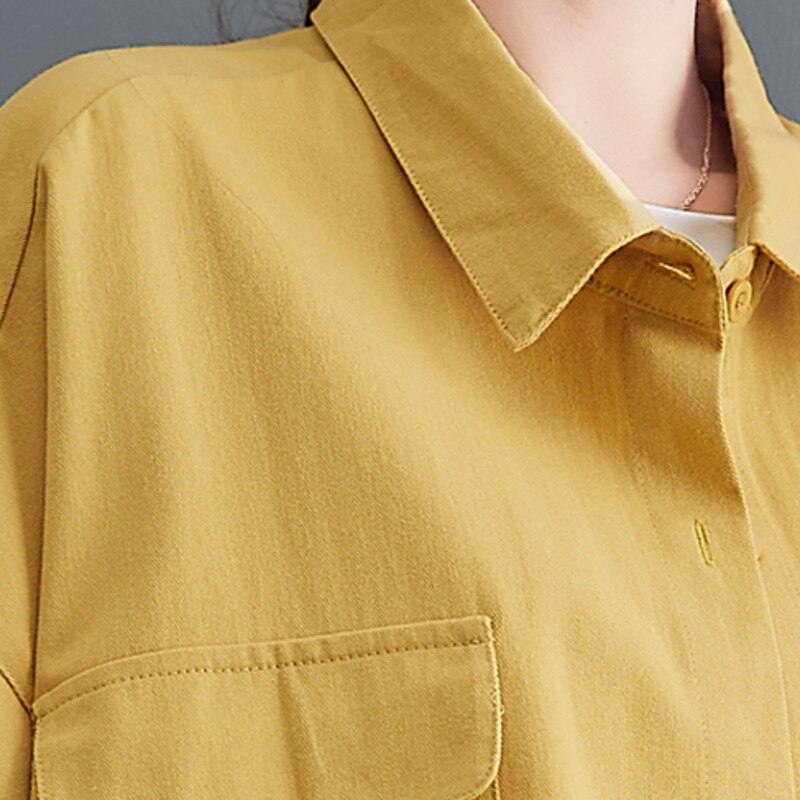 Camisa holgada de algodón de estilo chino para mujer, camisa de manga larga con botonadura única, blusas Vintage para mujer, Tops caqui, amarillo y marrón #9165