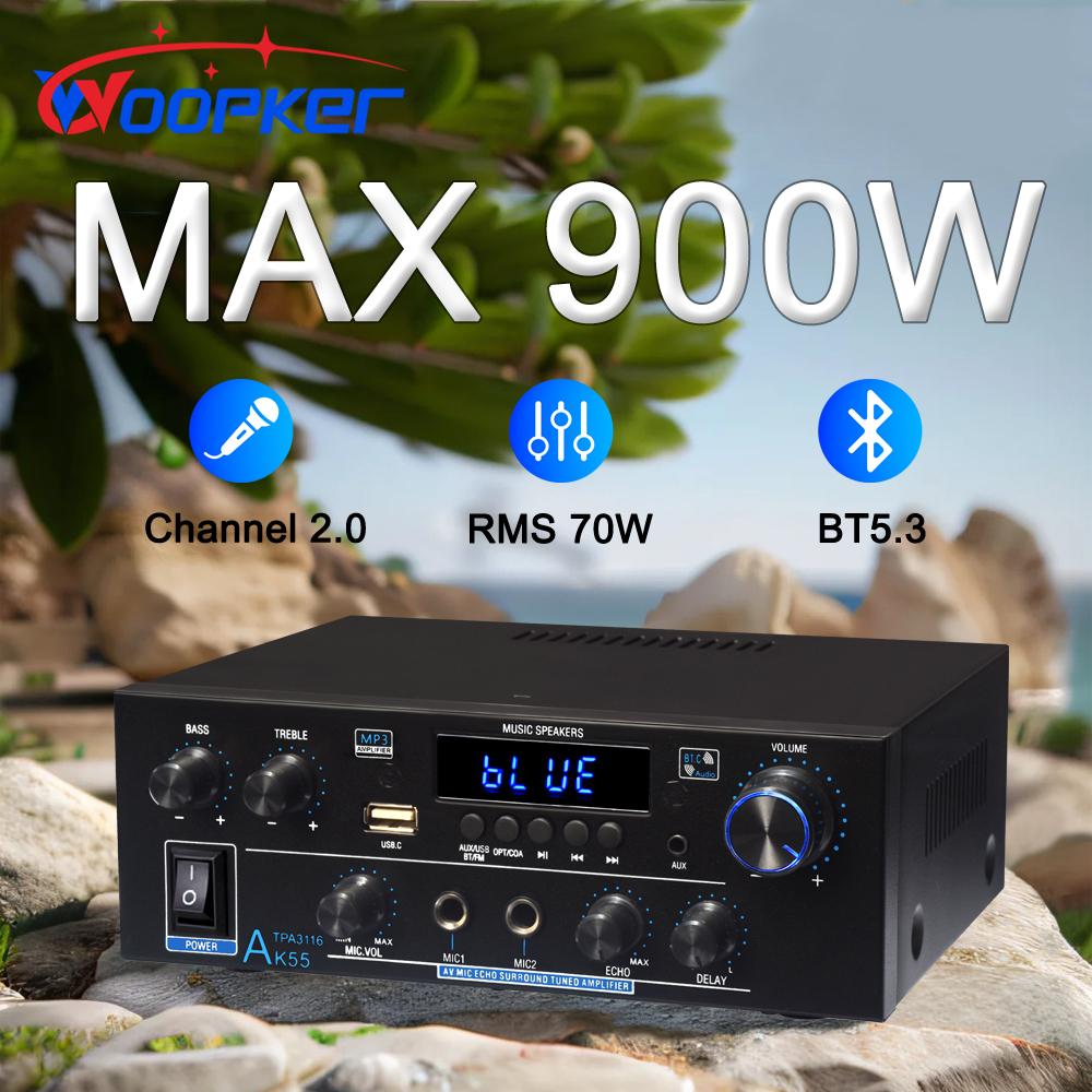 Woopker AK55 HiFi Audio Amplifier Max 900W Digital Bluetooth 5.3 AMP RMS 70W+70W Channel 2.0 Supports Dual MIC Inputs FM Radio