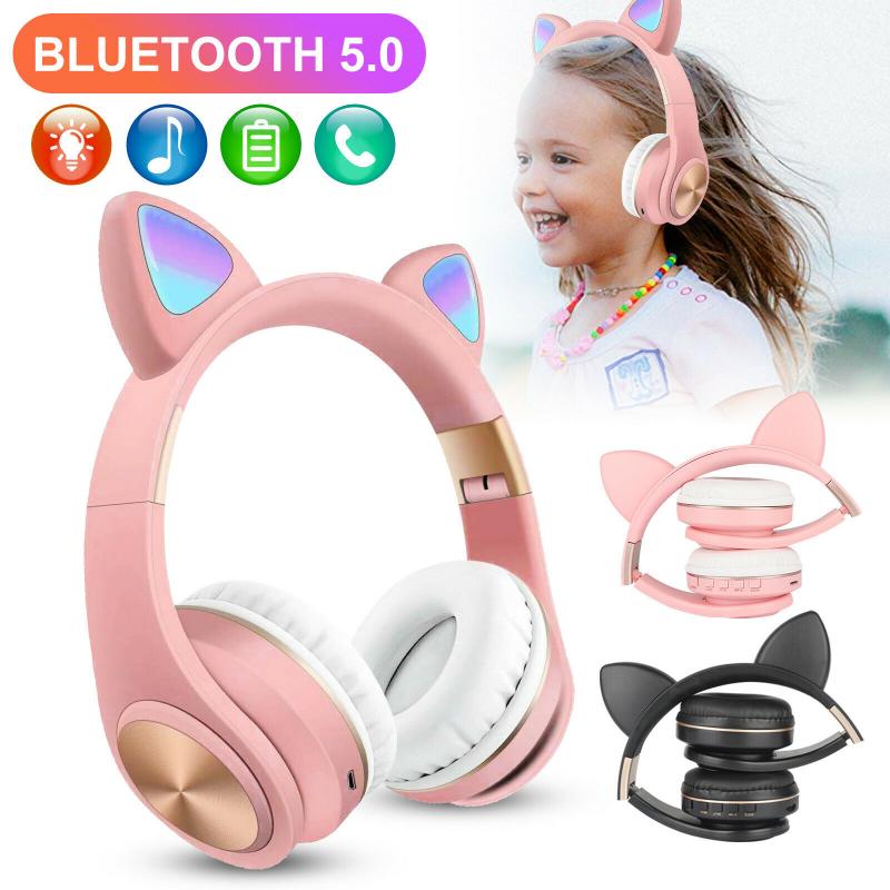 LED Cat Ear Headphones Bluetooth 5.0 Noise Cancelling Adults Kids Girl Headset Support TF Card FM Radio With Mic Wireless+Wired