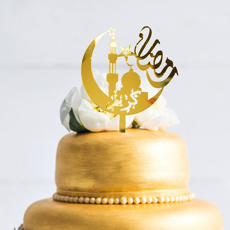 Eid Mubarak Cake Topper Gold Acrylic Moon Cupcake Topper for Ramadan Mubarak Cake Decorations Islamic Muslim Eid Baking Supplies