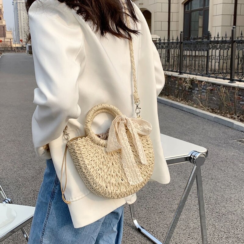 Women Straw Beach Tote Woven Summer Shoulder Bag Female Travel Vacation Casual Crossbody Handbag Drawstring Shopping Purse