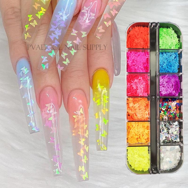 Neon Nail Art Glitter Fluorescerende Vlinder Vorm Pailletten Vlokken Manicure 3D Nail Art Decoratie